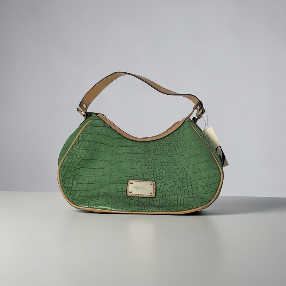 Nine West Green Croc-Embossed Shoulder Bag with Tan Trim
